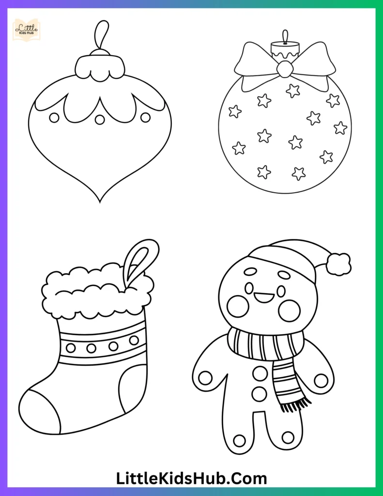 Plain And Patterned Christmas Ornaments To Color (Baubles, Candy Cane, Gingerbread Man)