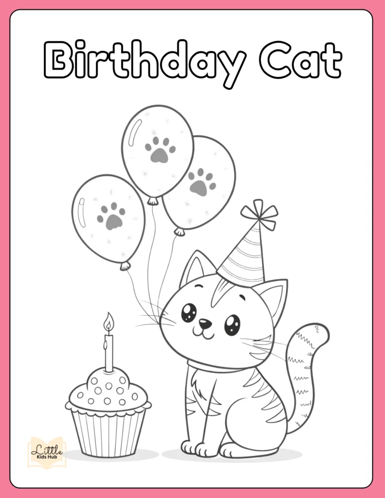 Happy Birthday Cat Coloring Page