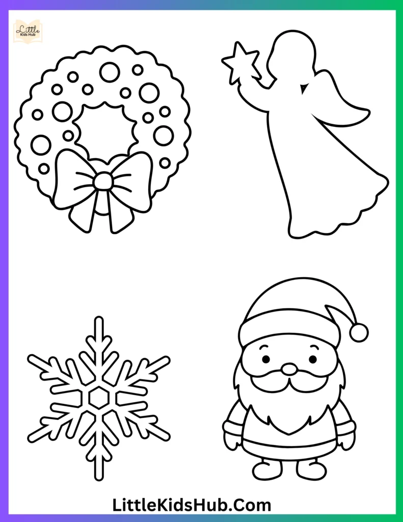 Simple Christmas Ornaments Coloring Sheet For Kids (Snowflake, Bauble, Angel, Candy Cane)