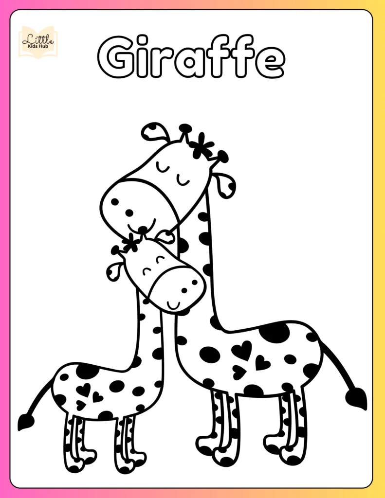 Giraffe with kid coloring page pdf free download