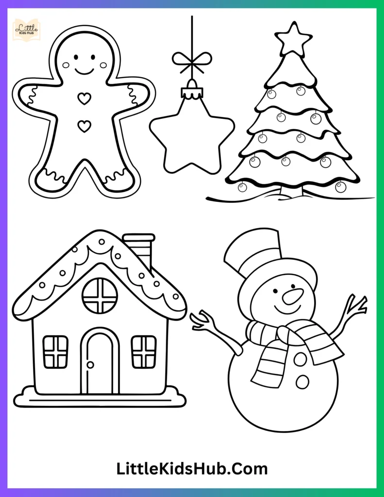 Printable Colored Christmas Ornaments (Star, tree, Snowman, Gingerbread House, Gingerbread Man)