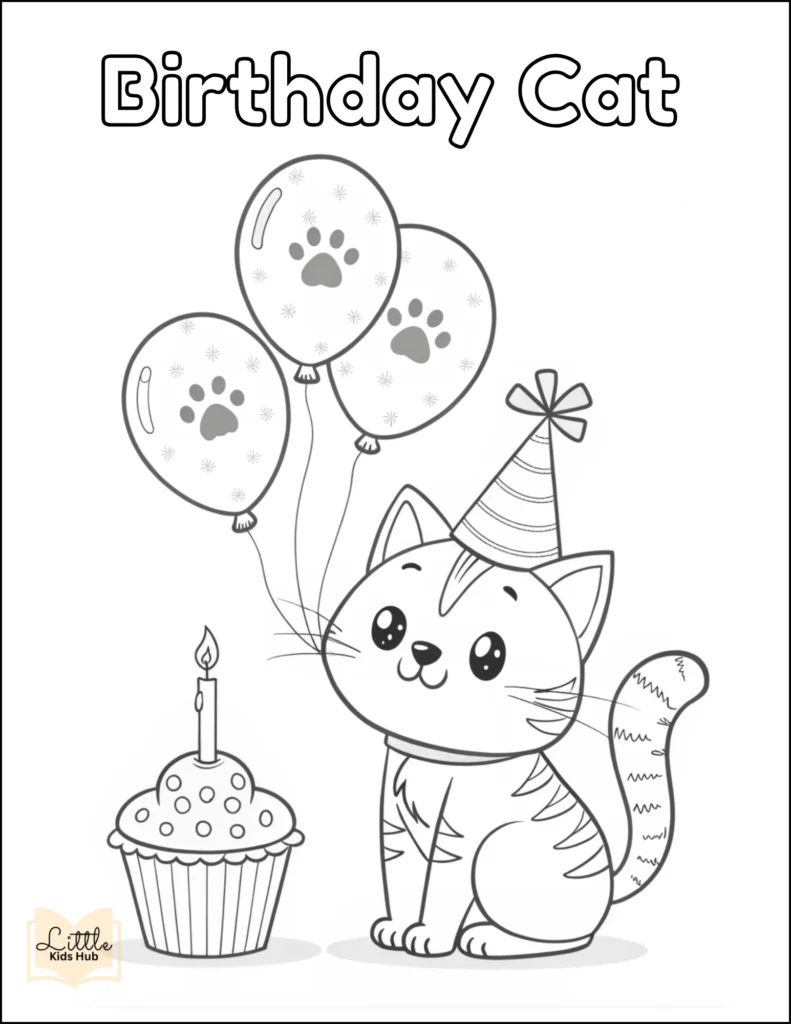 Happy Birthday Cat Coloring Page