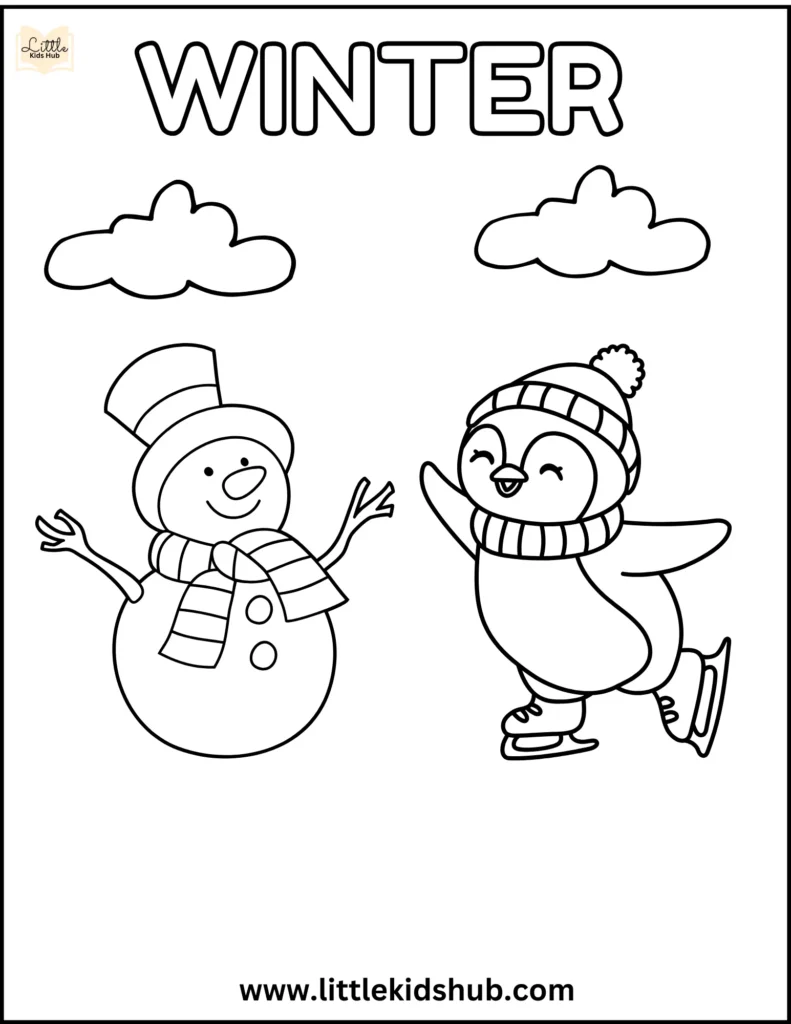 Cute Snowman and Penguin Ice Skating